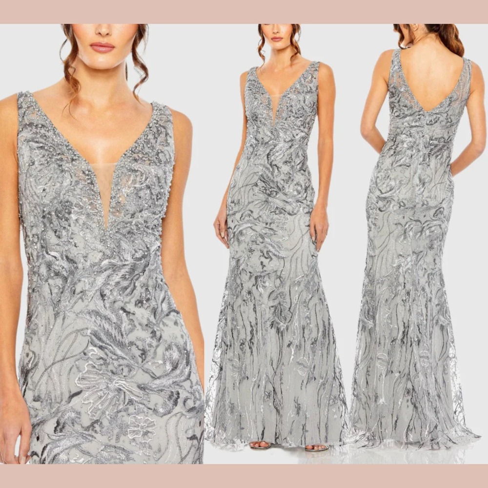 NEW $798‎ Mac Duggal [ 6 ] 20484 Sleeveless V Neck Embroidered Gown Grey #J2275
